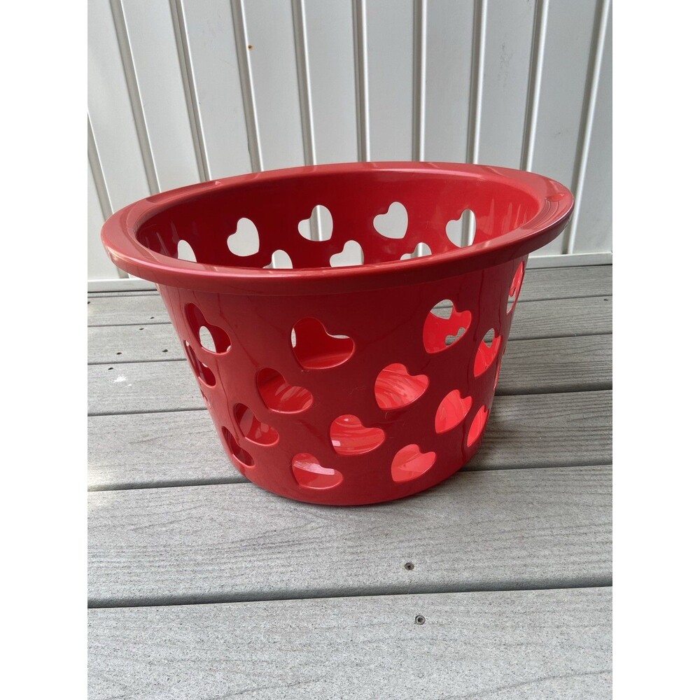 Vintage 90s Heart-Co Red Plastic Laundry Basket Retro Hearts Decor Storage Bin - Picture 2 of 10